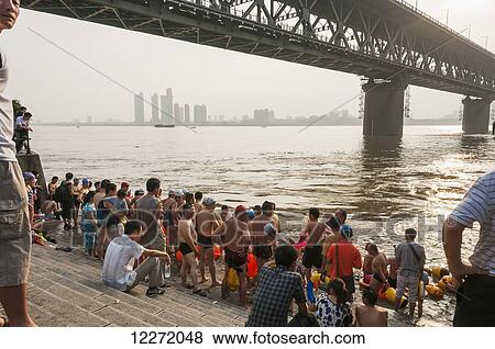 Stock Photo - Swimming in the Yangtze river; Wuhan, Hubei province, China. Fotosearch
