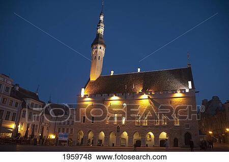 Tallinn's Town Hall Tower Illuminated At Night View Large Photo Image Stock Photo - Tallinn's Town Hall Tower Illuminated At Night. Fotosearch