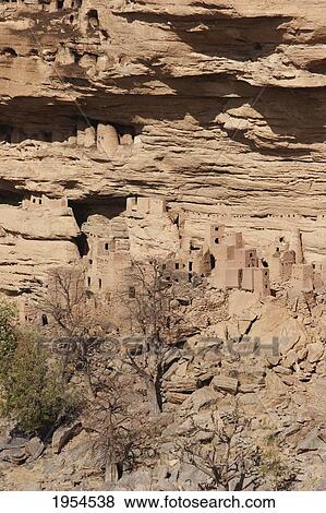 Stock Photo - Telem houses on the Bandiagara Escarpment, Bongo, Mali. Fotosearch