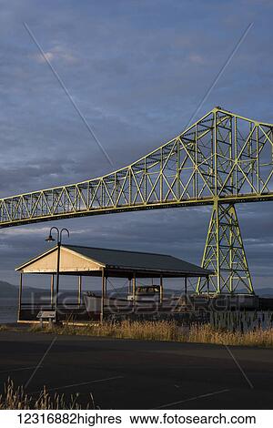 Stock Photograph - The Astoria-Megler Bridge spans the Columbia River; Astoria, Oregon, United States of America. Fotosearch