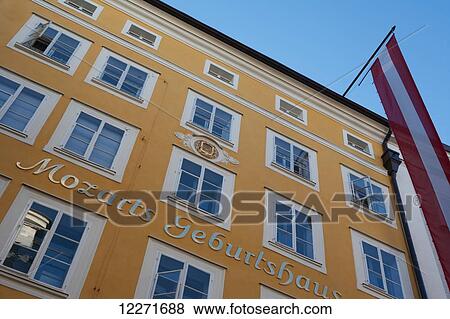 The house where Mozart was born with an Austrian flag flying from it; Salzburg, Austria View Large Photo Image Stock Photo - The house where Mozart was born with an Austrian flag flying from it; Salzburg, Austria. Fotosearch