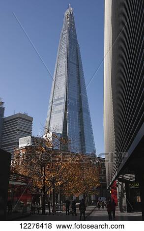 The Shard skyscraper by Renzo Piano on the South Bank seen behind other nearby new office buildings with autumn coloured trees; London, England View Large Photo Image Stock Photo - The Shard skyscraper by Renzo Piano on the South Bank seen behind other nearby new office buildings with autumn coloured trees; London, England. Fotosearch