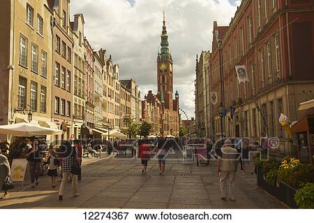 Stock Photo - The Town Hall Clock Tower on Long Market Street, Old Town; Gdansk, Poland. Fotosearch