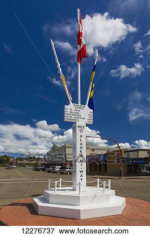 Stock Photo - The Zero Mile Marker on the Alaska Highway, Dawson Creek, British Columbia, Canada, Summer. Fotosearch