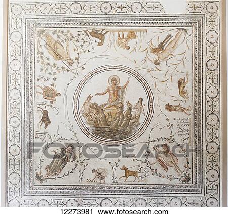 Stock Image - Third century AD Roman mosaic 'Triumph of Neptune' and the Four Seasons (from La Cebba), Bardo Museum; Tunis, Tunisia. Fotosearch