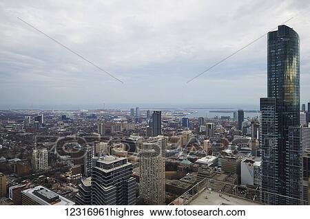 Stock Photograph - Toronto downtown, from crane at Yonge and College streets; Toronto, Ontario, Canada. Fotosearch