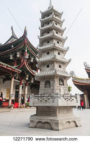 Stock Image - Tower bringing good luck by throwing coins inside the small windows, Nan Pu Tuo Temple; Xiamen, Fujian Province, China. Fotosearch