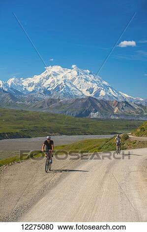 Stock Image - Two men riding bicycles on the park road with Mt. McKinley in the background, Interior Alaska, Summer. Fotosearch