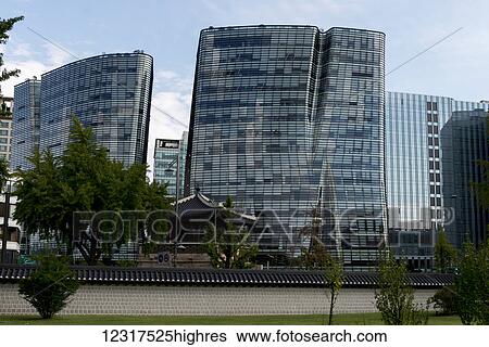 Stock Photograph - Unique residential buildings with a window facade that looks curved; Seoul, South Korea. Fotosearch
