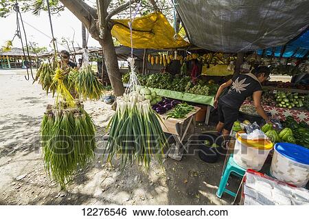 Stock Photograph - Vendor and produce for sale at the market; Dili, East Timor. Fotosearch