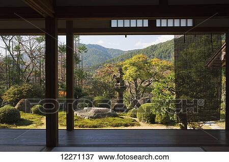 Stock Photo - View from inside a Japanese temple over the garden; Ohara, Kyoto, Japan. Fotosearch