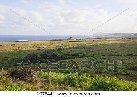 Stock Image - View From Rano Raraku Volcano, Rapa Nui (Easter Island), Chile. Fotosearch