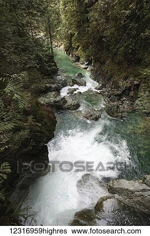 Stock Photograph - View looking down from Lynne Canyon Suspension bridge; Vancouver, British Columbia, Canada. Fotosearch