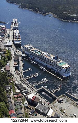 Picture - View overlooking cruise ships, Tongass Narrows and downtown Ketchikan, Revillagigedo Island, Southeast Alaska. Fotosearch