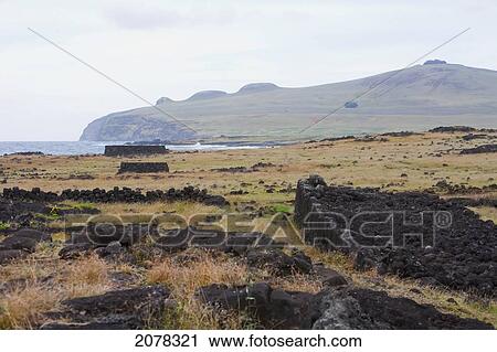 Stock Image - Village Remains, Ahu Te Pito Kura, Rapa Nui (Easter Island), Chile. Fotosearch