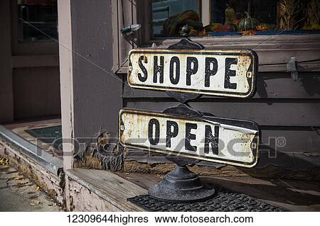 Stock Photograph - Vintage shop sign; Woodstock, Vermont, United States of America. Fotosearch