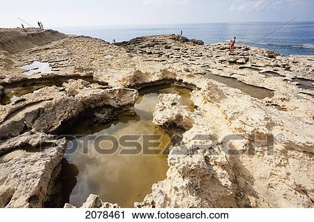 Stock Image - Water-Filled Holes Of The Inland Sea, Dwejra Bay, Gozo Island, Malta. Fotosearch