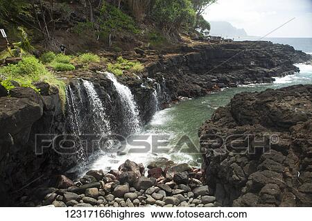 Waterfalls into ocean cove, Queens Bath; Princeville, Kauai, Hawaii, United States of America View Large Photo Image Stock Photograph - Waterfalls into ocean cove, Queens Bath; Princeville, Kauai, Hawaii, United States of America. Fotosearch
