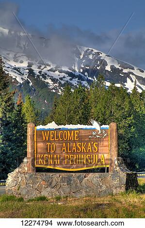 Welcome To Alaska's Kenai Peninsula Sign and the Kenai Mountains, Southcentral, Alaska, HDR View Large Photo Image Picture - Welcome To Alaska's Kenai Peninsula Sign and the Kenai Mountains, Southcentral, Alaska, HDR. Fotosearch