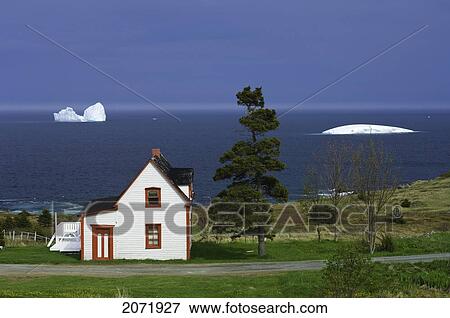 White Cabin And Icebergs, Newfoundland View Large Photo Image Stock Photo - White Cabin And Icebergs, Newfoundland. Fotosearch