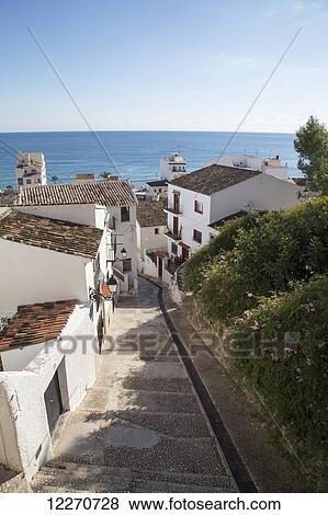 Stock Photo - White houses with a view of the mediterranean; Altea, Spain. Fotosearch