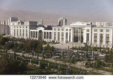 Stock Photograph - White marble government buildings; Ashgabat, Turkmenistan. Fotosearch