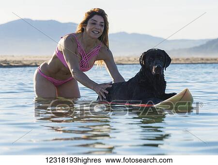 Stock Photograph - Woman having fun with her pet dog in the water; Tarifa, Cadiz, Costa de la Luz, Andalusia, Spain. Fotosearch
