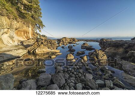 Stock Photography - Woman sits on the rocks at Botanical Beach near Port Renfrew; Vancouver Island, British Columbia, Canada. Fotosearch