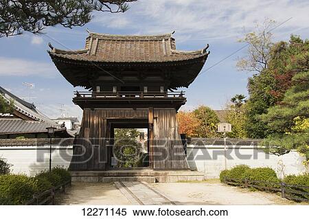 Stock Photography - Wooden Japanese temple gate tower; Kyoto, Japan. Fotosearch