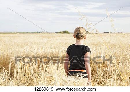 Stock Photo - Young girl wearing black shirt and with hair up in a bun overlooking golden field of wheat in the fall; Three Hills, Alberta, Canada. Fotosearch