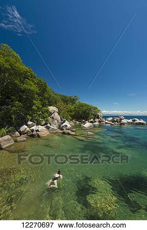 图片- 妇女, 游泳, 在, 清楚, 水域, 围拢, mumbo, 岛, 湖, malawi
