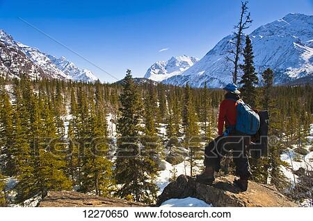 Stock Image - A man hiking in the Eagle River Valley on a sunny winter day in South Central Alaska; Alaska, United States of America. Fotosearch