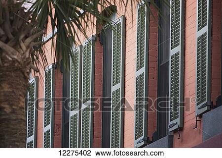 A row of windows on an old painted brick building with green shutters, palm trees in the foreground; United States of America View Large Photo Image Stock Image - A row of windows on an old painted brick building with green shutters, palm trees in the foreground; United States of America. Fotosearch