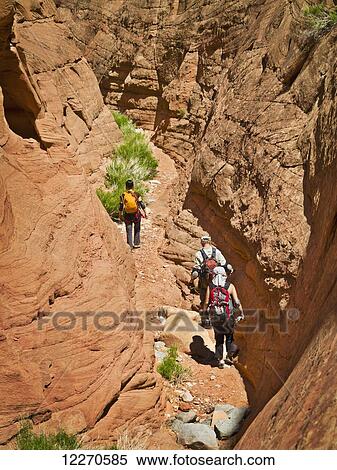 Adventurers exploring a desert slot canyon; Hanksville, Utah, United States of America View Large Photo Image Stock Photography - Adventurers exploring a desert slot canyon; Hanksville, Utah, United States of America. Fotosearch