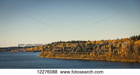 Stock Photo - Autumn coloured forest along the river shoreline; Nipawin, Saskatchewan, Canada. Fotosearch