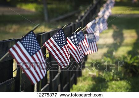 Black wooden fence trailing off with small US flags hanging from each post; United States of America View Large Photo Image Stock Photo - Black wooden fence trailing off with small US flags hanging from each post; United States of America. Fotosearch