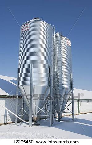 Stock Image - Chicken barns and grain silos; Strasburg, Pennsylvania, United States of America. Fotosearch
