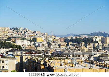 Cityscape against a blue sky; Genoa, Liguria, Italy View Large Photo Image Stock Photography - Cityscape against a blue sky; Genoa, Liguria, Italy. Fotosearch