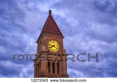 Stock Image - Clock tower at night; Niagara on the Lake, Ontario, Canada. Fotosearch