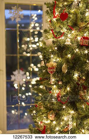 Stock Image - Decorated Christmas tree; Surrey, British Columbia, Canada. Fotosearch