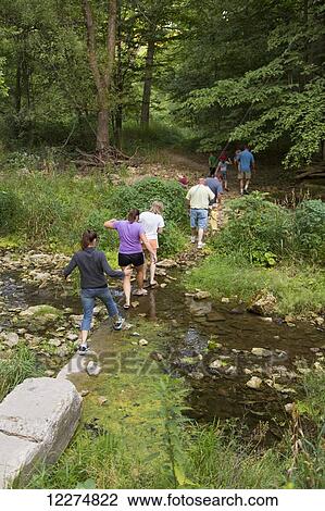 Family crossing Bear Creek on hiking trail leading to the Ice Cave at Bixby State Preserve, near Edgewood; Iowa, United States of America View Large Photo Image Stock Image - Family crossing Bear Creek on hiking trail leading to the Ice Cave at Bixby State Preserve, near Edgewood; Iowa, United States of America. Fotosearch