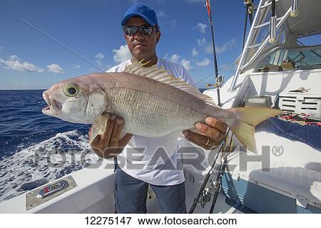 Stock Photo - Fisherman holds pink fish caught from deep sea fishing; Tahiti. Fotosearch