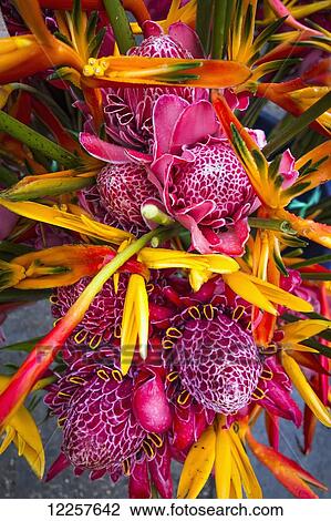 Stock Image - Flower arrangement at the market; Port Vila, Vanuatu. Fotosearch
