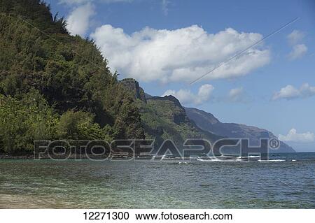 Stock Image - Kee Beach and water at Haena Beach State Park, Na Pali Coast in background; Kauai, Hawaii, United States of America. Fotosearch