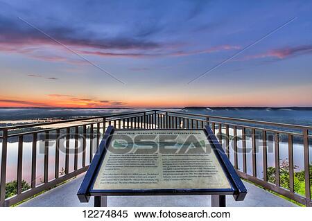 Stock Photography - Landscape interpretation sign overlooking the Mississippi River at Pikes Peak State Park, near McGregor; Iowa, United States of America. Fotosearch