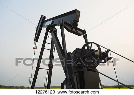 Stock Photo - Oil pumpjack at work on oilfield lease in a canola field in rural Alberta; St. Albert, Alberta, Canada. Fotosearch