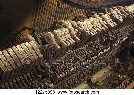 Stock Photo - Old, decaying hammers and wooden mechanical structure inside an abandoned piano; United States of America. Fotosearch