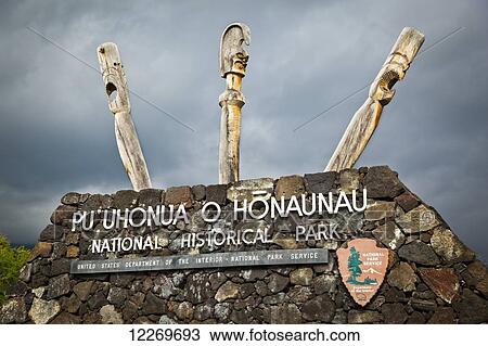Stock Image - Park Entrance Sign, Puuhonua o Honaunau National Historical Park; Island of Hawaii, Hawaii, United States of America. Fotosearch