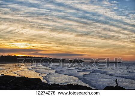 Silhouette of a person standing on a rock along the coast at sunset; Masset, British Columbia, Canada View Large Photo Image Stock Photo - Silhouette of a person standing on a rock along the coast at sunset; Masset, British Columbia, Canada. Fotosearch