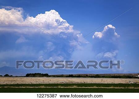Stock Photo - Smoke and plume rising in the blue sky from a wildfire burning in the mountains; New Mexico, United States of America. Fotosearch